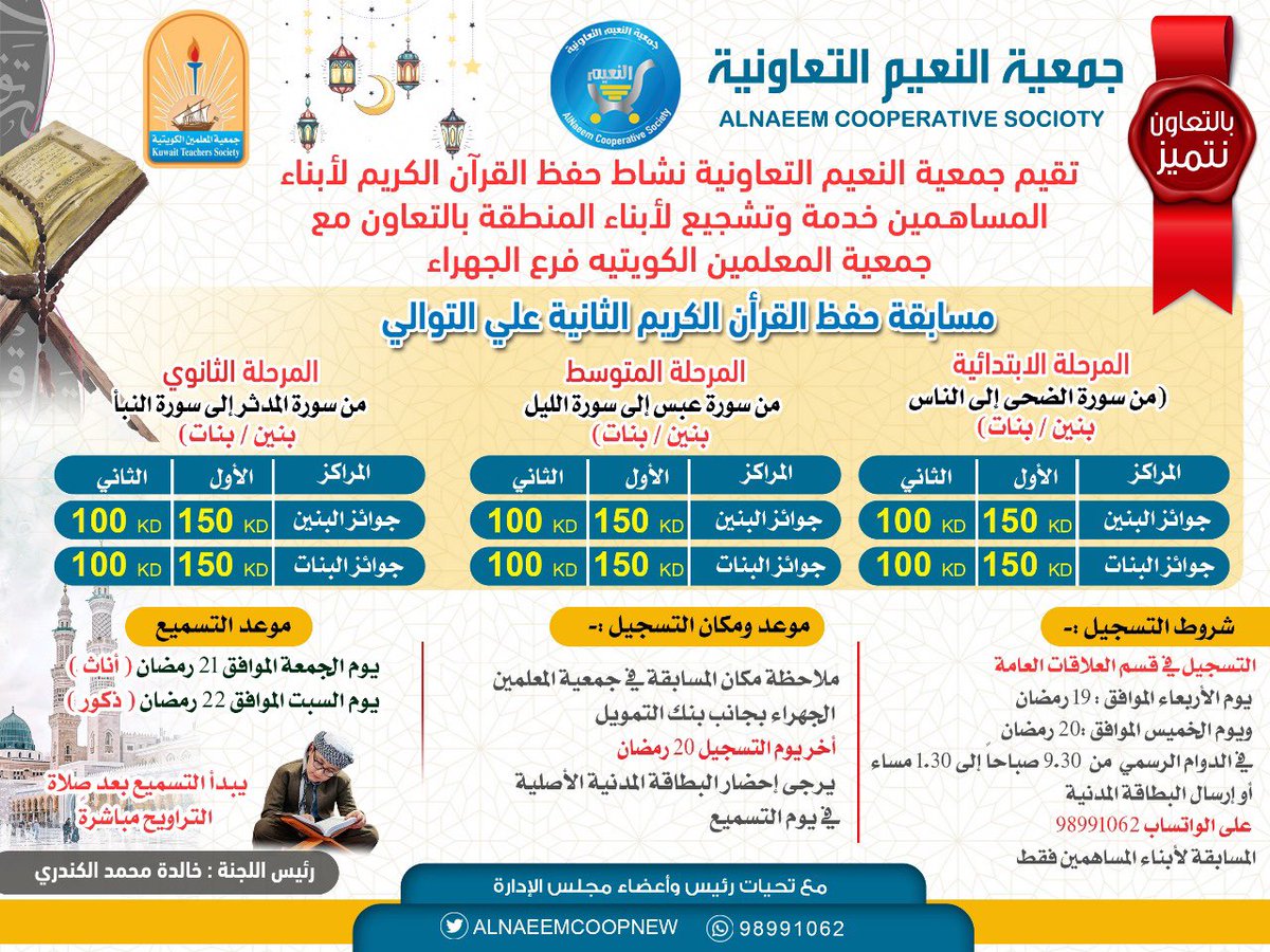 يسر  رئيس وأعضاء  مجلس إدارة #جمعية_النعيم_التعاونية
 الإعلان عن مسابقة القرآن الكريم للسنة الثانية على التوالي
 لأبناء المساهمين
يبدأ التسجيل من 19_20 رمضان 
عن طريق خدمة واتساب 
موعد التسميع
يوم الجمعه الموافق 21رمضان (إناث)
يوم السبت الموافق 22رمضان (ذكور) 
في جمعية المعلمين
