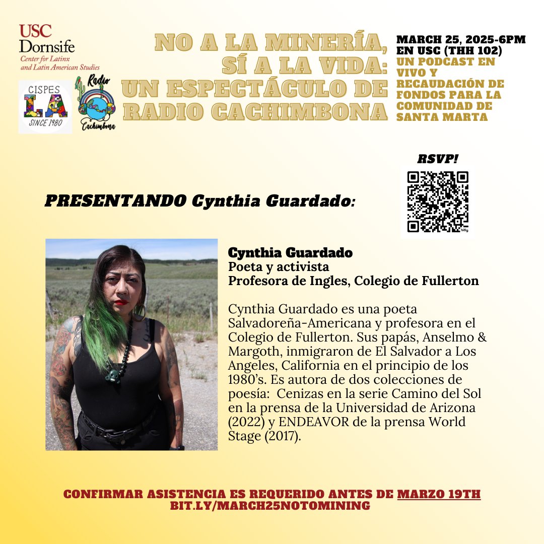 Confirma su asistencia hoy y acompáñanos en una semana con poeta Cynthia Guardado, <a href="/CISPESLA/">LA CISPES</a>, y <a href="/RadioCachimbona/">Radio Cachimbona</a> para un podcast en vivo y recaudación de fondos para la comunidad de
#SantaMarta 📻🌎
➡️bit.ly/march25notomin…