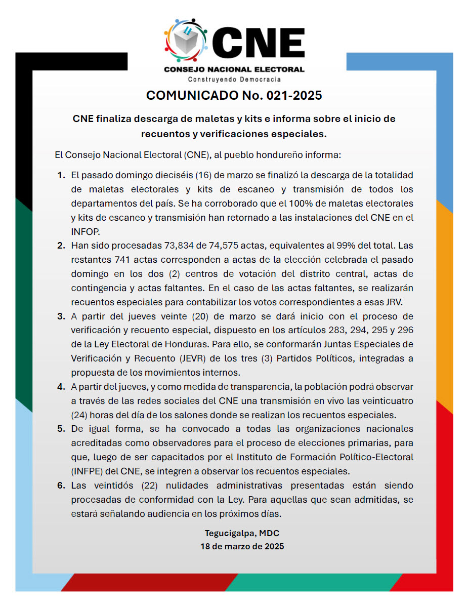 COMUNICADO No. 021-2025
CNE finaliza descarga de maletas y kits e informa sobre el inicio de recuentos y verificaciones especiales