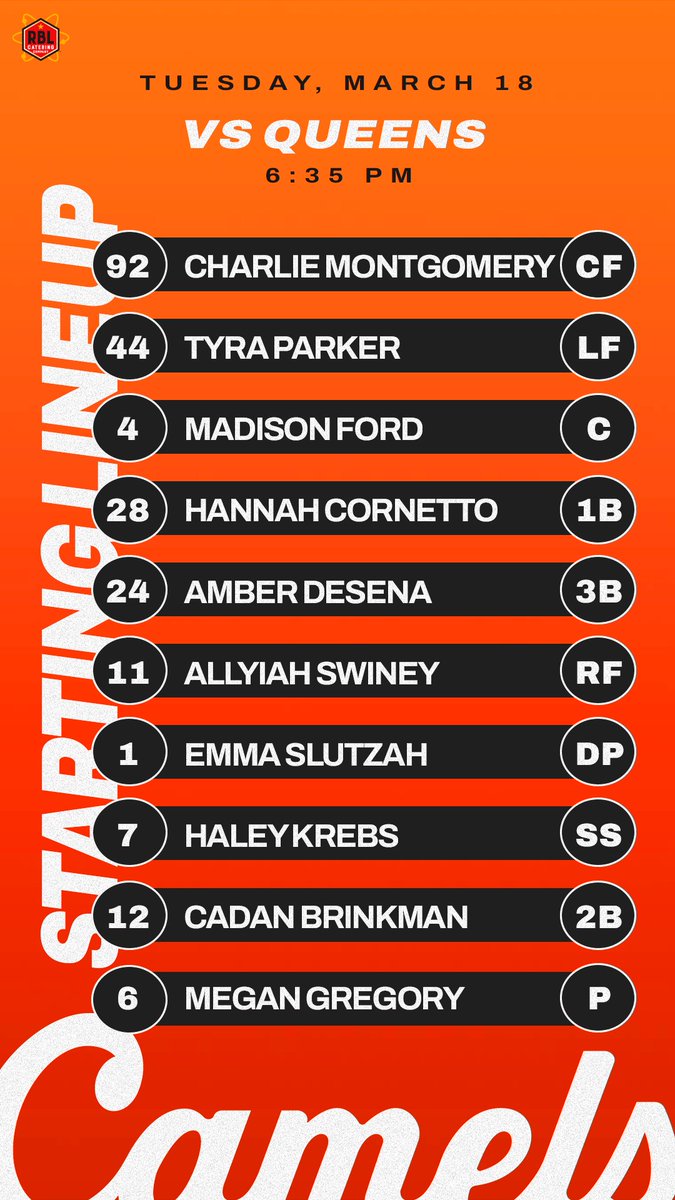 Ready for another one?! Here's the lineup. Starting lineups are brought to you by RBL Catering Company. 

#RollHumps🐪🥎
