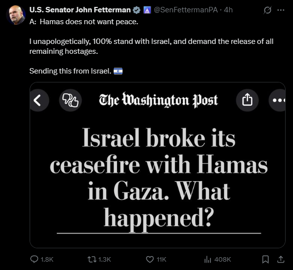 CutBlueTooth's tweet photo. Just Democratic Senator John Fetterman @SenFettermanPA giving his full throated endorsement to violating a ceasefire agreement and killing hundreds of innocent people. https://t.co/ileaqlnCAq