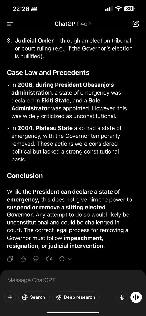David C. IZUOGU (@chucksty) on Twitter photo I asked ChatGPT is the president can remove an elected governor through a state of emergency as <a href="/officialABAT/">Bola Ahmed Tinubu</a> has just done against <a href="/SimFubaraKSC/">Siminalayi Fubara</a>
I am no lawyer, but it looks like we are following precedents here rather than the constitution. Happy for clarity if anyone has one I asked ChatGPT is the president can remove an elected governor through a state of emergency as <a href="/officialABAT/">Bola Ahmed Tinubu</a> has just done against <a href="/SimFubaraKSC/">Siminalayi Fubara</a>
I am no lawyer, but it looks like we are following precedents here rather than the constitution. Happy for clarity if anyone has one