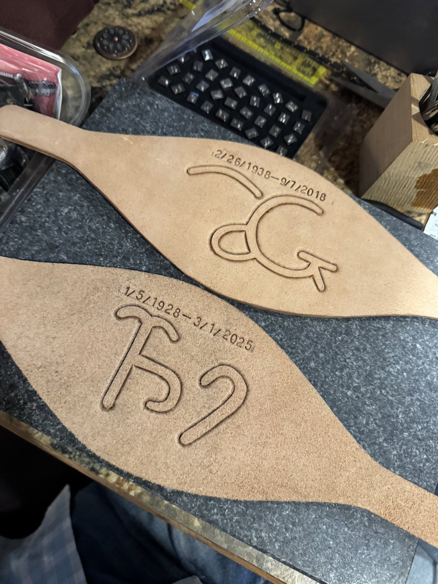 remudaleather's tweet photo. 🐎 Just finished these custom leather halters for two special horses! Handcrafted with love, stamped with their initials &amp; milestone dates. I pour my heart into every piece—let me make one for your furry friend! DM to order. #LeatherHalters #HandmadeWithLove #HorseLovers https://t.co/J6npkCPKFy