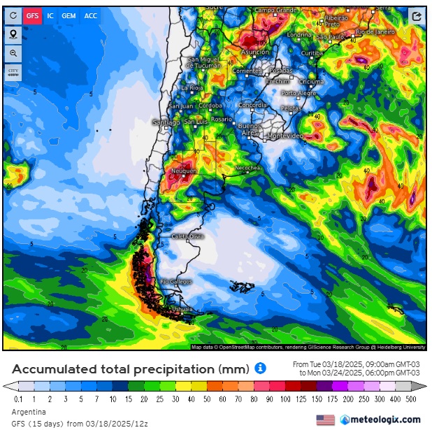 Para vigilar: entre 21-24/3 se registraría una situación meteorológica que puede traer importantes complicaciones en la región. Se registrarían #lluvias y #tormentas con abundantes precipitaciones y viento #Puelche del lado chileno. 
Estimados lluvia GFS hasta el 24/3 a las 9am.