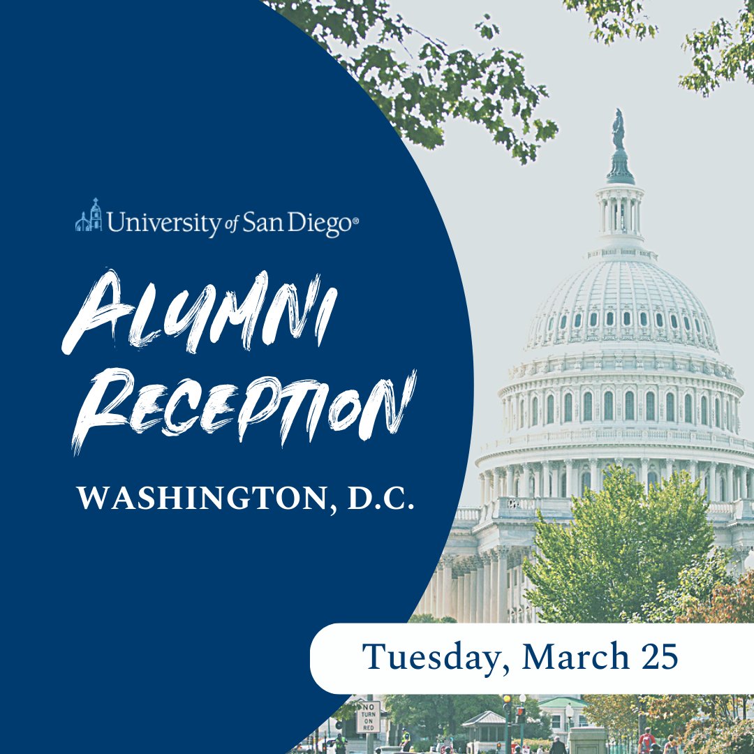 Toreros - It's time for a USD alumni reception in Washington D.C. 

Meet your Torero Club, School of Law &amp; Knauss School of Business for a fun evening hosted by DLA Piper LLP in Penn Quarter. 

Learn more and RSVP at bit.ly/4hBqy6m
Tuesday, March 25 | 5:30pm - 7:30pm EDT