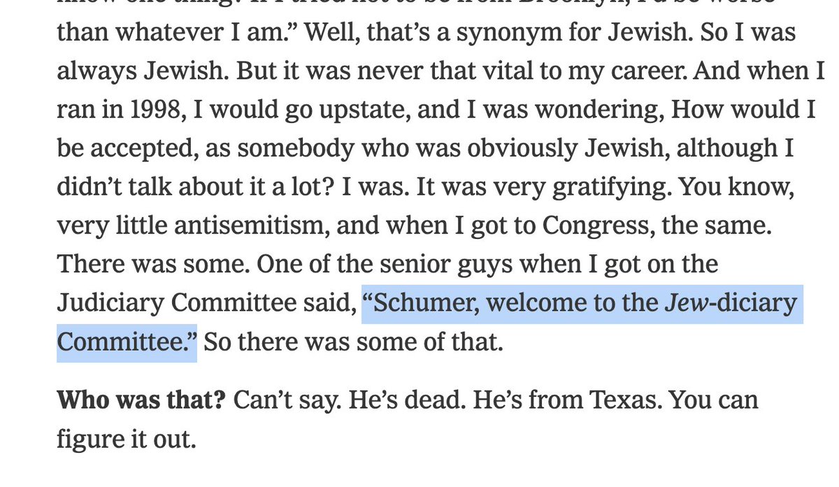 thislouis's tweet photo. So Chuck Schumer said in his NYT interview that when he was a newcomer in the House, a senior Texas congressman welcomed him to the "Jew-diciary Committee."

But Schumer wouldn't say who it was.

So let's figure it out! https://t.co/zYIZNVD8Rv