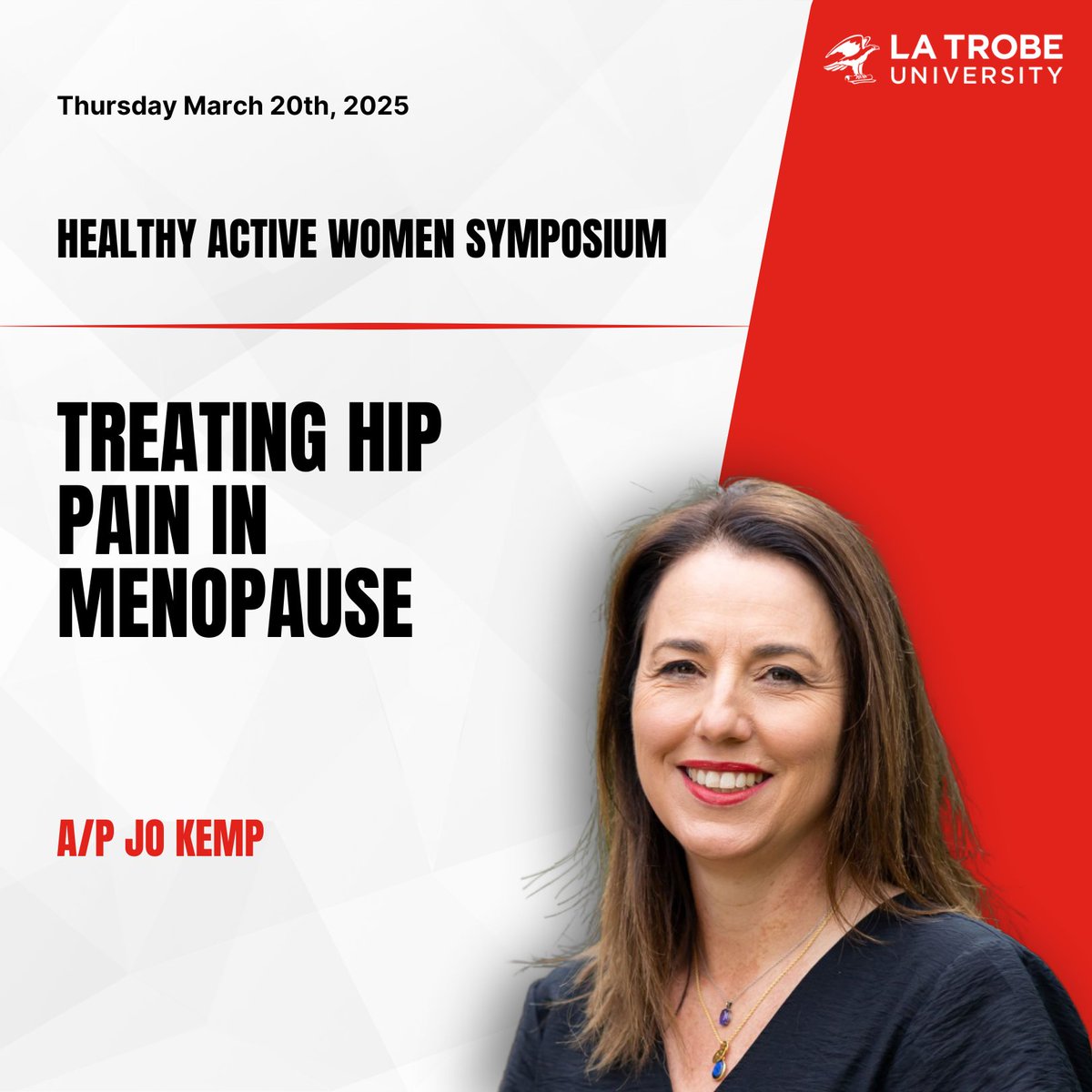 HEALTHY ACTIVE WOMEN SYMPOSIUM
⏰ 20/03/2025

Associate Professors Jo Kemp and Christian Barton will be presenting on Thursday in the 4:00 pm panel.

You still have a chance to be part of this incredible event
hersport.latrobe.edu.au/symposium
➡️ you can join online &amp; in person #LASEM