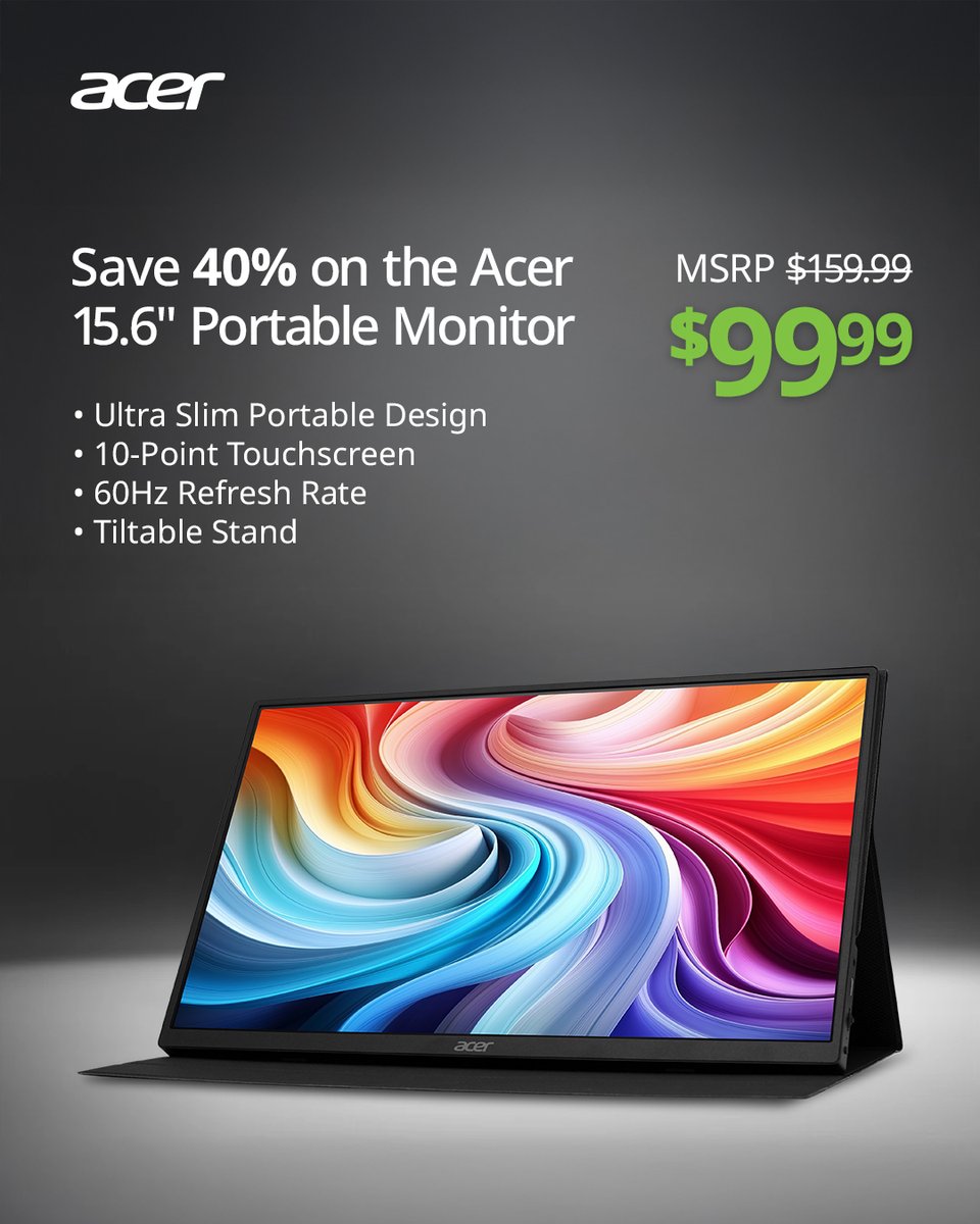 antonlinecom's tweet photo. Upgrade your setup on the go 💻 

Get the Acer 15.6" Full HD IPS Touchscreen Portable Monitor for just $99.99 at antonline: https://t.co/hLpKZ32Vvu https://t.co/j7mgPZNi8n