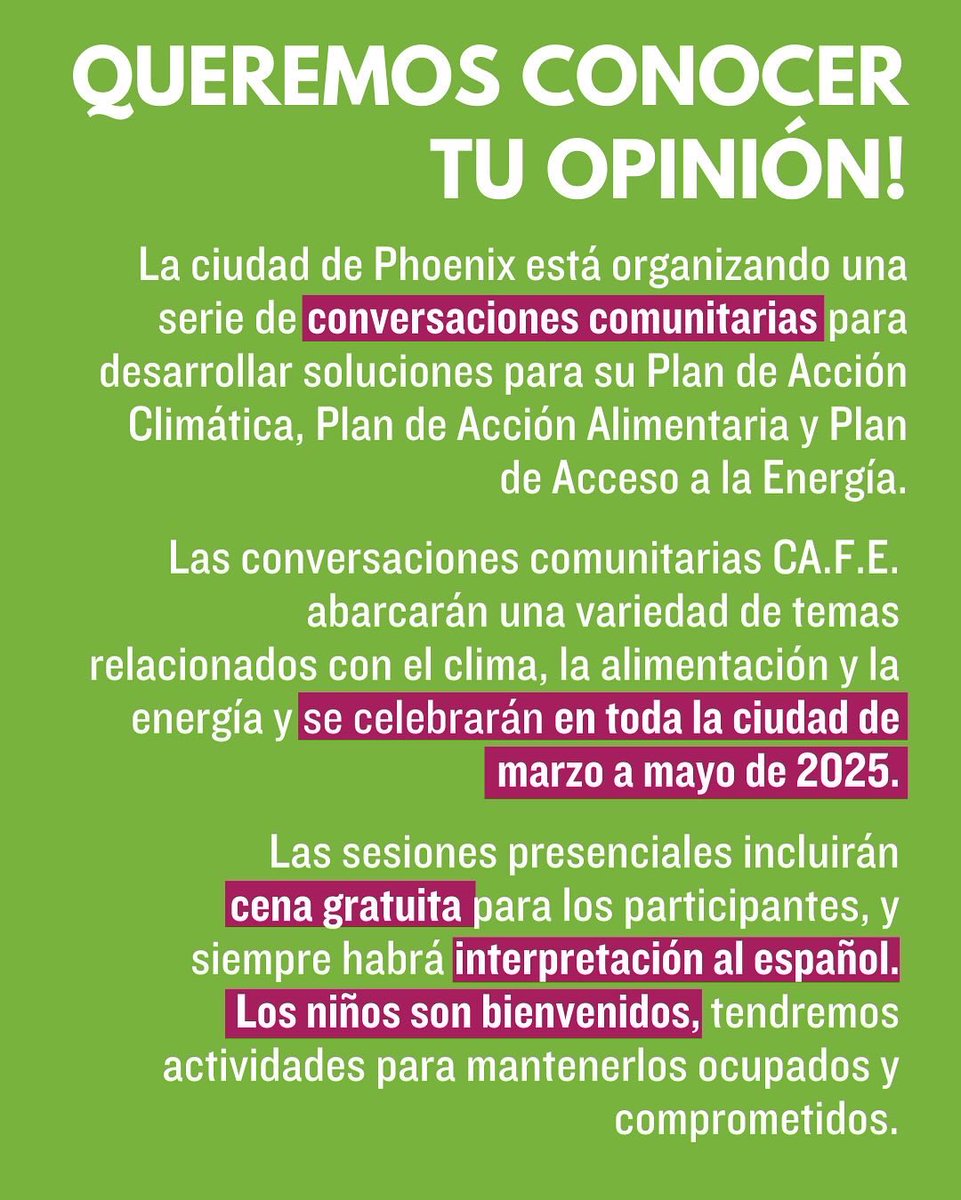 PHXenvironment (@phxenvironment) on Twitter photo The City of Phoenix is hosting a series of community conversations to develop solutions for its Climate Action Plan, Food Action Plan, and Energy Access Plan. We want to hear from you - attend an event near you to share your ideas and feedback! Register at the link in our bio! The City of Phoenix is hosting a series of community conversations to develop solutions for its Climate Action Plan, Food Action Plan, and Energy Access Plan. We want to hear from you - attend an event near you to share your ideas and feedback! Register at the link in our bio!