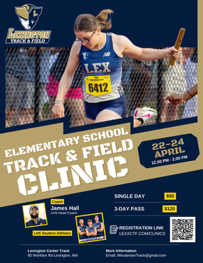 Time to register for the Lexington Track &amp; Field Spring Clinic! <a href="/BridgeSchoolMA/">Bridge School</a> <a href="/FiskeSchool/">FiskeSchool</a> <a href="/HarringtonHAWKS/">Harrington School</a> <a href="/SchoolHastings/">Maria Hastings School</a> <a href="/EstabrookSchool/">Estabrook School</a> <a href="/CorduckJenny/">Jenny Corduck</a> <a href="/BowmanLexPTO/">Bowman PTO</a> <a href="/MinutemenXCTF/">Lexington Cross Country - Track & Field</a> <a href="/LexMinutemenAth/">Lexington Athletics</a> 
lexxctf.com/clinics.html