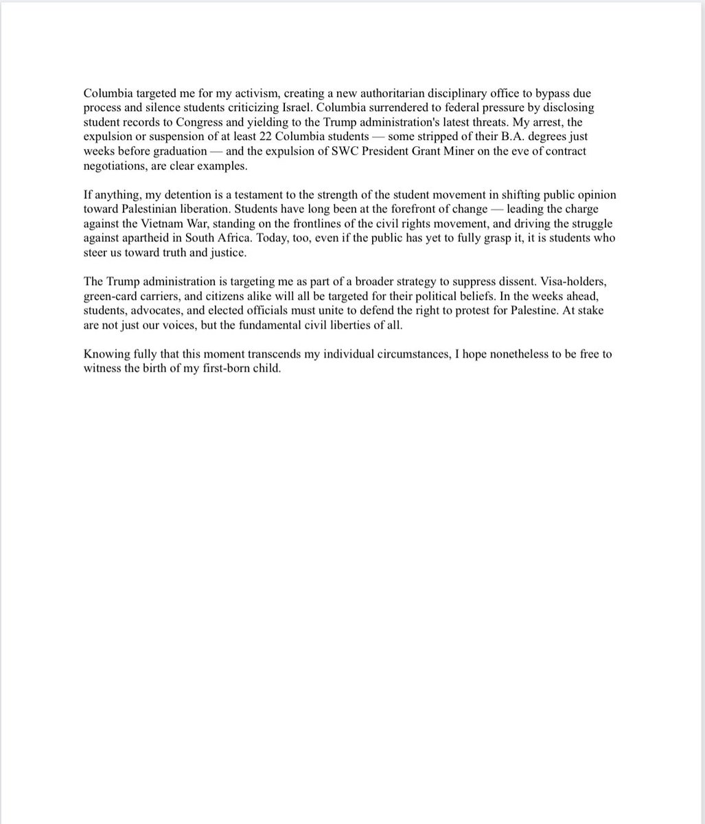 BREAKING | Palestinian-American green card holder and Columbia graduate Mahmoud Khalil described himself as a “political prisoner” of the Trump administration in his first public remarks since his arrest by ICE agents on March 8, 2025. The full letter from Khalil, shared with The