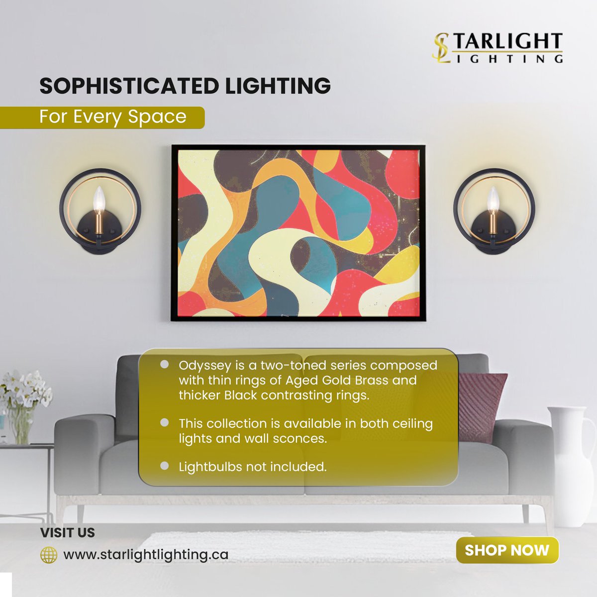 Star_Light_CA's tweet image. The Odyssey One Light Wall Sconce by Matteo Canada combines sleek, bold design with elegance. The two-toned Aged Gold Brass and Black rings bring an upscale vibe to your space.

🌐 Shop now: Visit shorturl.at/J1NgC

#LightingStyle #WallSconce #ModernDesign