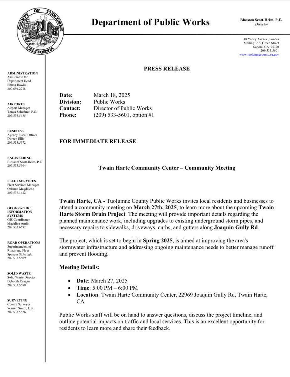Please note the community meeting on 3/27/25 regarding the Twain Harte Storm Drain Project.