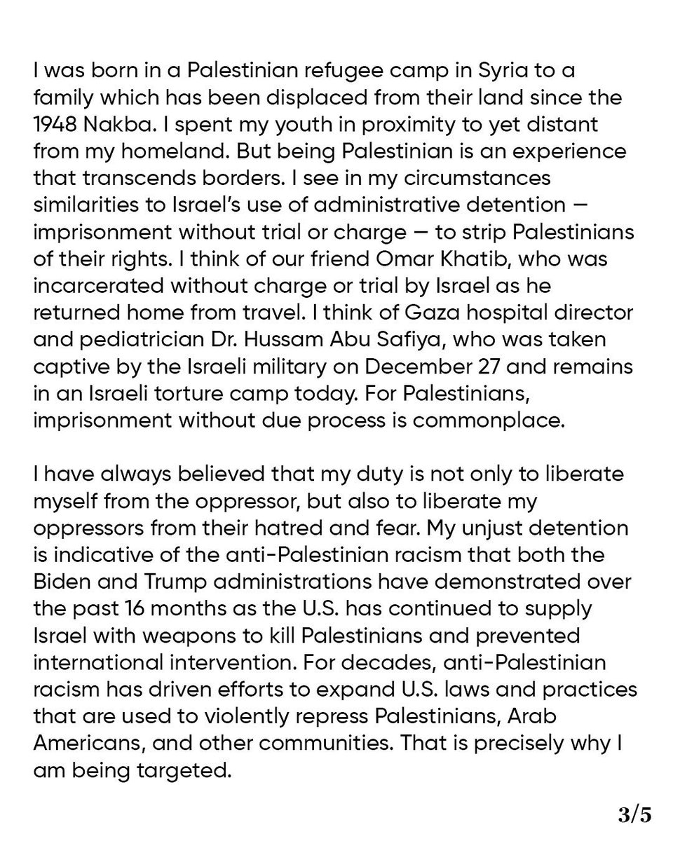 mahmoud khalil’s letter just released… i have chills. what an insane amount of moral clarity in the face of the empire
