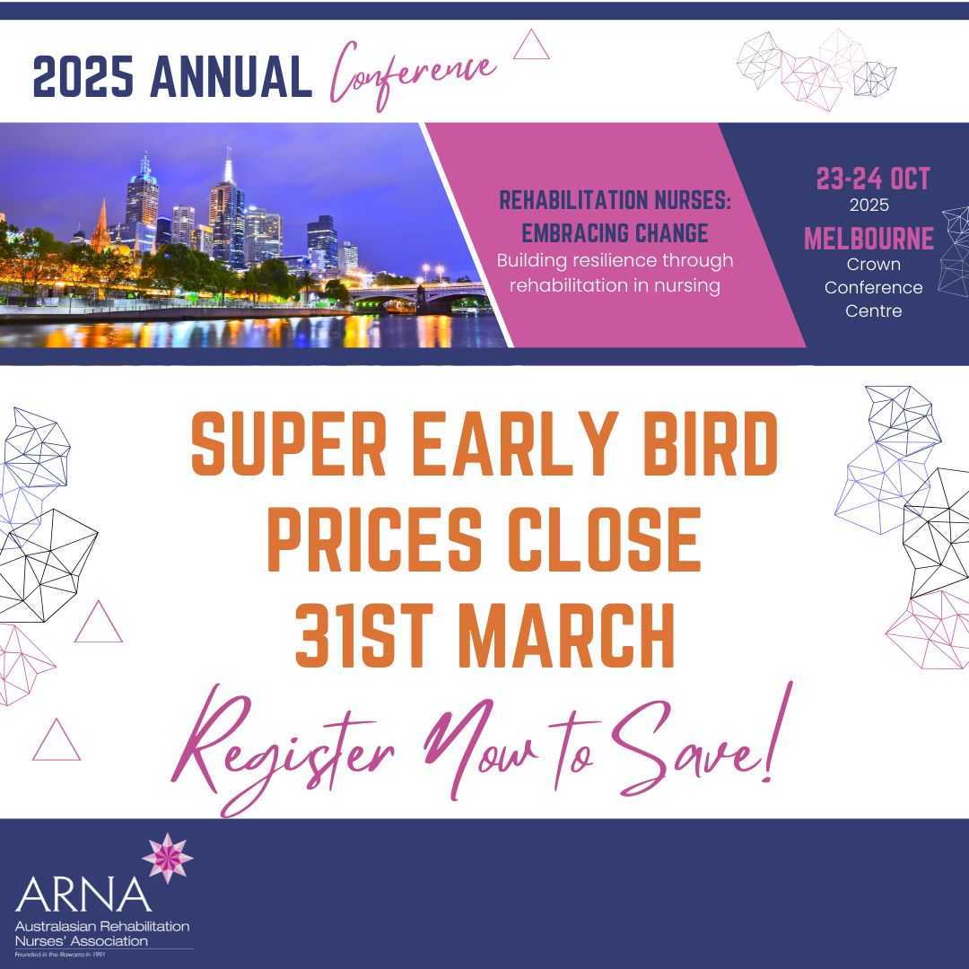There are only 2 weeks left to register for the 2025 conference at super early bird prices! From just $600 for ARNA members (incl. GST) .

Register now to save!
dg.eventsair.com/arna2025/regis…

#ARNACON25 #RehabilitationNursing #Melbourne #EmbracingChange