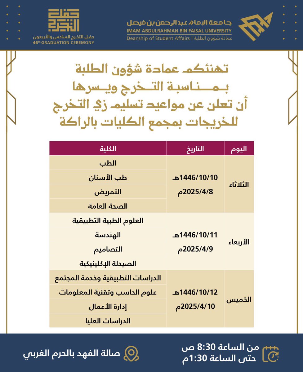 IAU_KSA's tweet image. 📣 |  الأعزاء طلاب وطالبات #جامعة_الإمام_عبدالرحمن_بن_فيصل 

🎓 نبارك لطلبة الجامعة بمناسبة قرب حفل التخرج 46 الذي سيعلن عنه قريباً بحول الله تعالى عبر الحسابات الرسمية للجامعة✨

وبكل سرور وسعادة وابتهاج ومباركة؛ نتقدم بالتهنئة لخريجي وخريجات الجامعة لعام1446هـ، 

وتسعد…