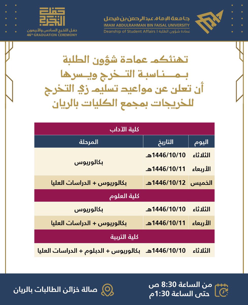 IAU_KSA's tweet image. 📣 |  الأعزاء طلاب وطالبات #جامعة_الإمام_عبدالرحمن_بن_فيصل 

🎓 نبارك لطلبة الجامعة بمناسبة قرب حفل التخرج 46 الذي سيعلن عنه قريباً بحول الله تعالى عبر الحسابات الرسمية للجامعة✨

وبكل سرور وسعادة وابتهاج ومباركة؛ نتقدم بالتهنئة لخريجي وخريجات الجامعة لعام1446هـ، 

وتسعد…