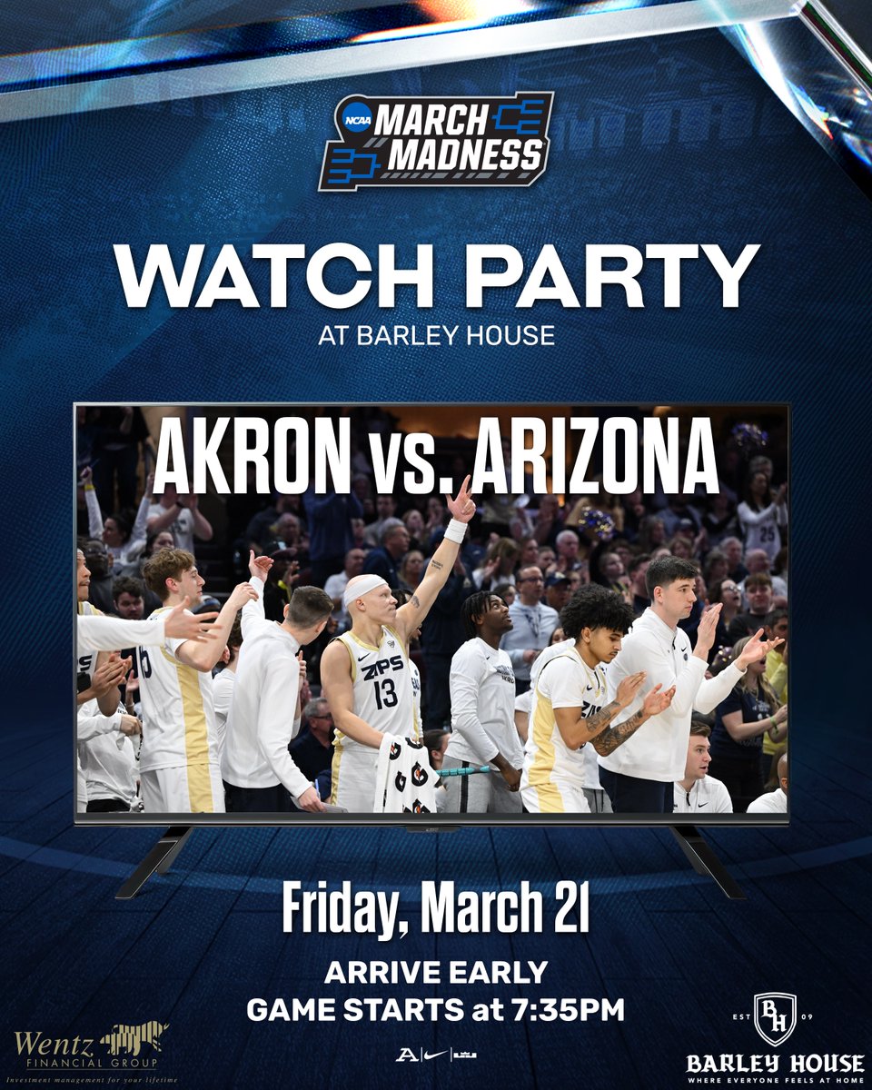 Akron Zips Athletics (@akronzips) on Twitter photo 📺 Watch Party 📺
Join us Friday at Barley House for <a href="/ZipsMBB/">Akron Zips MBB</a> first round matchup vs. Arizona!
📍: Barley House - 222 S Main St #1B, Akron, OH 44308
🏀: Tipoff at 7:35pm
#GoZips | 🦘 📺 Watch Party 📺
Join us Friday at Barley House for <a href="/ZipsMBB/">Akron Zips MBB</a> first round matchup vs. Arizona!
📍: Barley House - 222 S Main St #1B, Akron, OH 44308
🏀: Tipoff at 7:35pm
#GoZips | 🦘