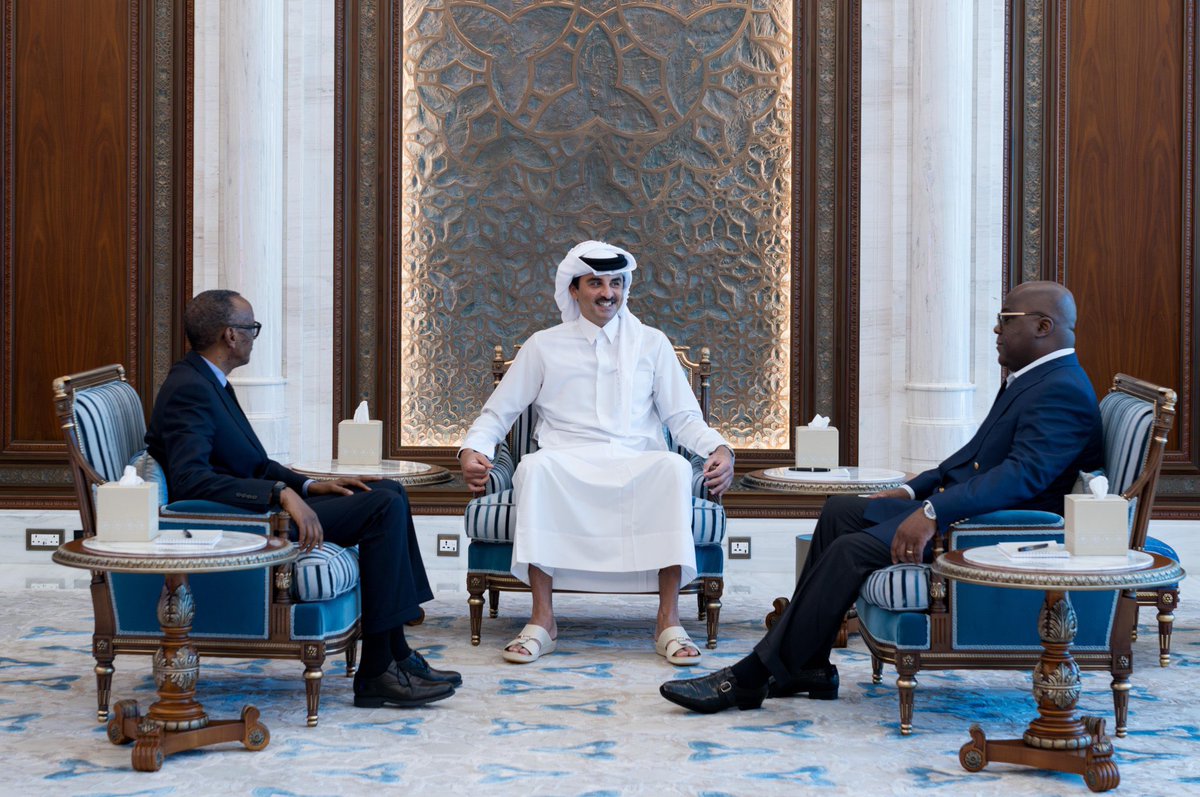 NewTimesRwanda's tweet photo. BREAKING: President #Kagame and #DRCongo’s Tshisekedi met in Doha, hosted by Qatar’s Emir Sheikh Tamim bin Hamad Al Thani, to discuss the crisis in eastern DRC. 

The leaders reaffirmed their commitment to an immediate and unconditional ceasefire and agreed to continue dialogue for lasting peace.