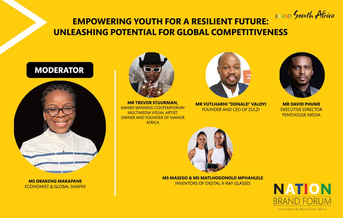 @Brand_SA (@brand_sa) on Twitter photo When young people are empowered, they become capable and collaborative contributors who impact the world, one bold step at a time. 
Moderated by Obakeng Makapane, Economist & Global Shaper, we'll be chatting to Trevor Stuurman, Vutlharhi “Donald” Valoyi, David Phume and Masego & When young people are empowered, they become capable and collaborative contributors who impact the world, one bold step at a time. 
Moderated by Obakeng Makapane, Economist & Global Shaper, we'll be chatting to Trevor Stuurman, Vutlharhi “Donald” Valoyi, David Phume and Masego &
