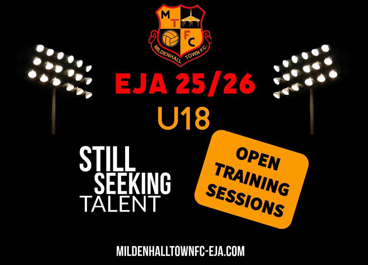 🔶 U18 OPEN TRAINING SESSIONS – JOIN US! 🔶
The journey starts here! Mildenhall Town U18 EJA is holding open training sessions, giving talented players the chance to step up and show what they’ve got!

⚽ Train with the squad
🔥 Compete for a place in the team
🏟️ Play EJA