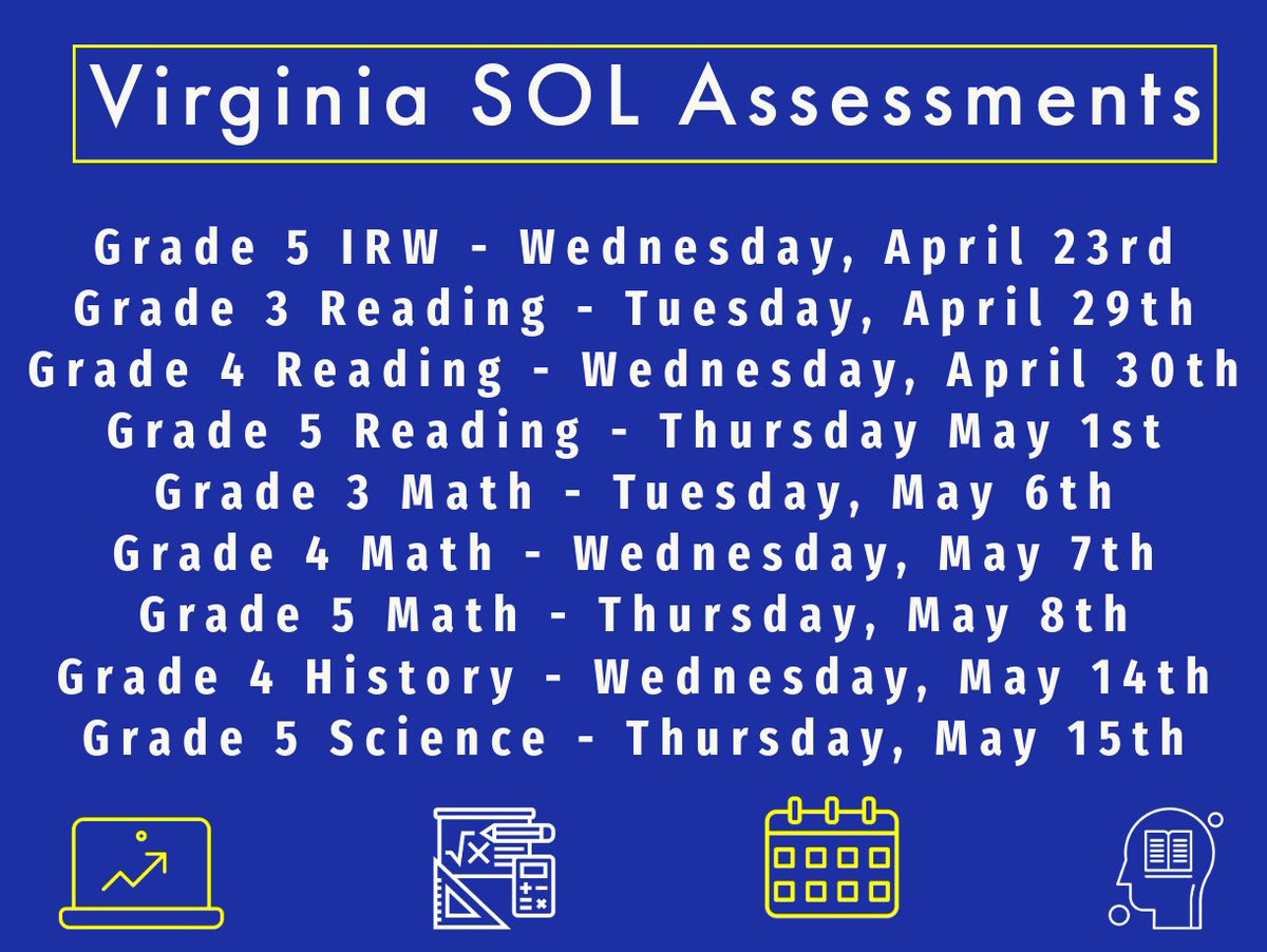 Falmouth Elementary School students in grades 3 to 5 will take SOL Tests beginning Wednesday, April 23rd, 2025.  The Virginia SOL’s are standardized assessments used as one measure of student learning.  Please support and encourage your child so they can do their best!