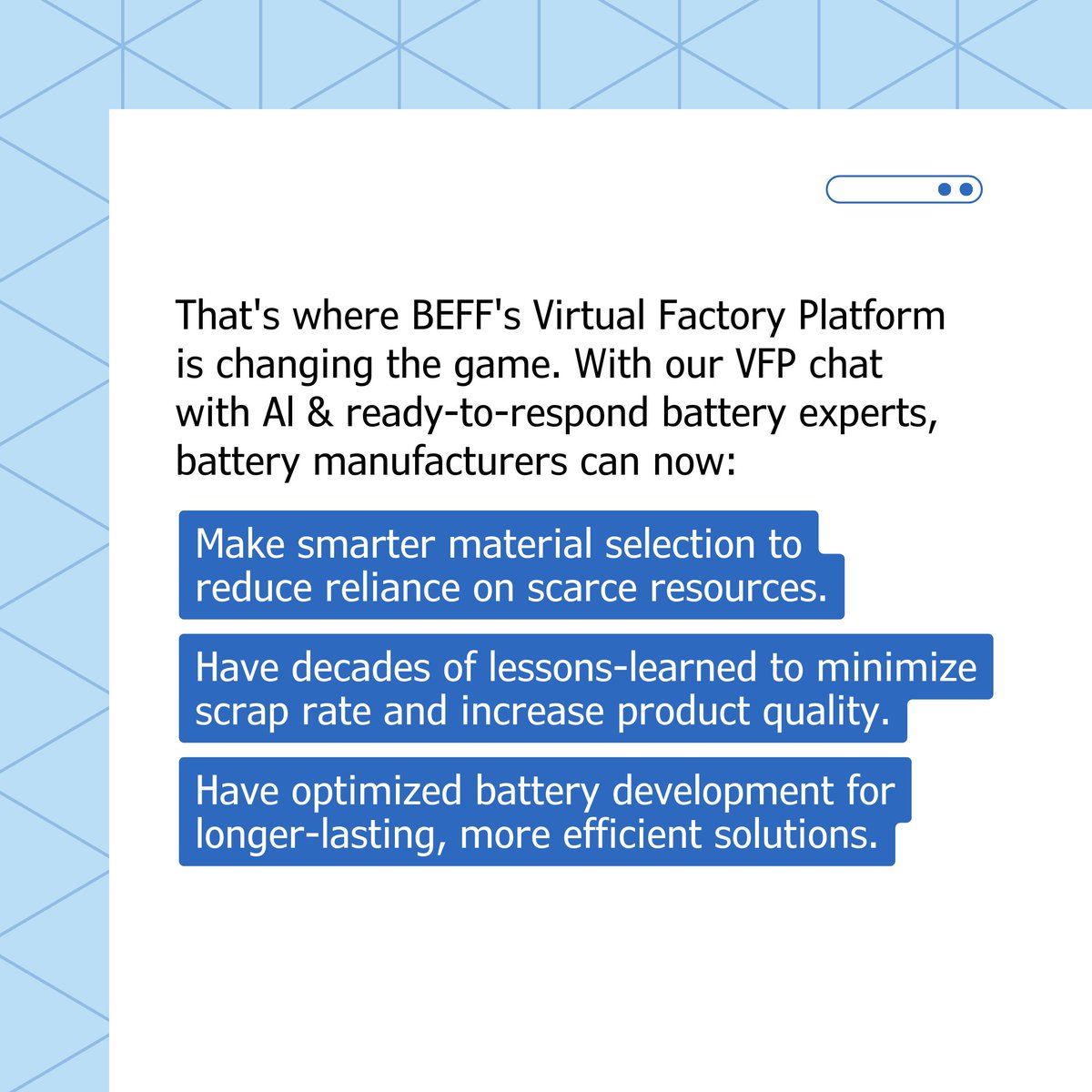 Beff_vfp's tweet image. Green EV Batteries? Yes!

Team up with our battery experts and lead in battery innovation.

 Start here: beff.medium.com/b5233a2513f5

#greenbatteries #batteryexperts #sustainablebatteries #lithiumbattery #lithiumionbattery #virtualfactory #virtualfactoryplatform
