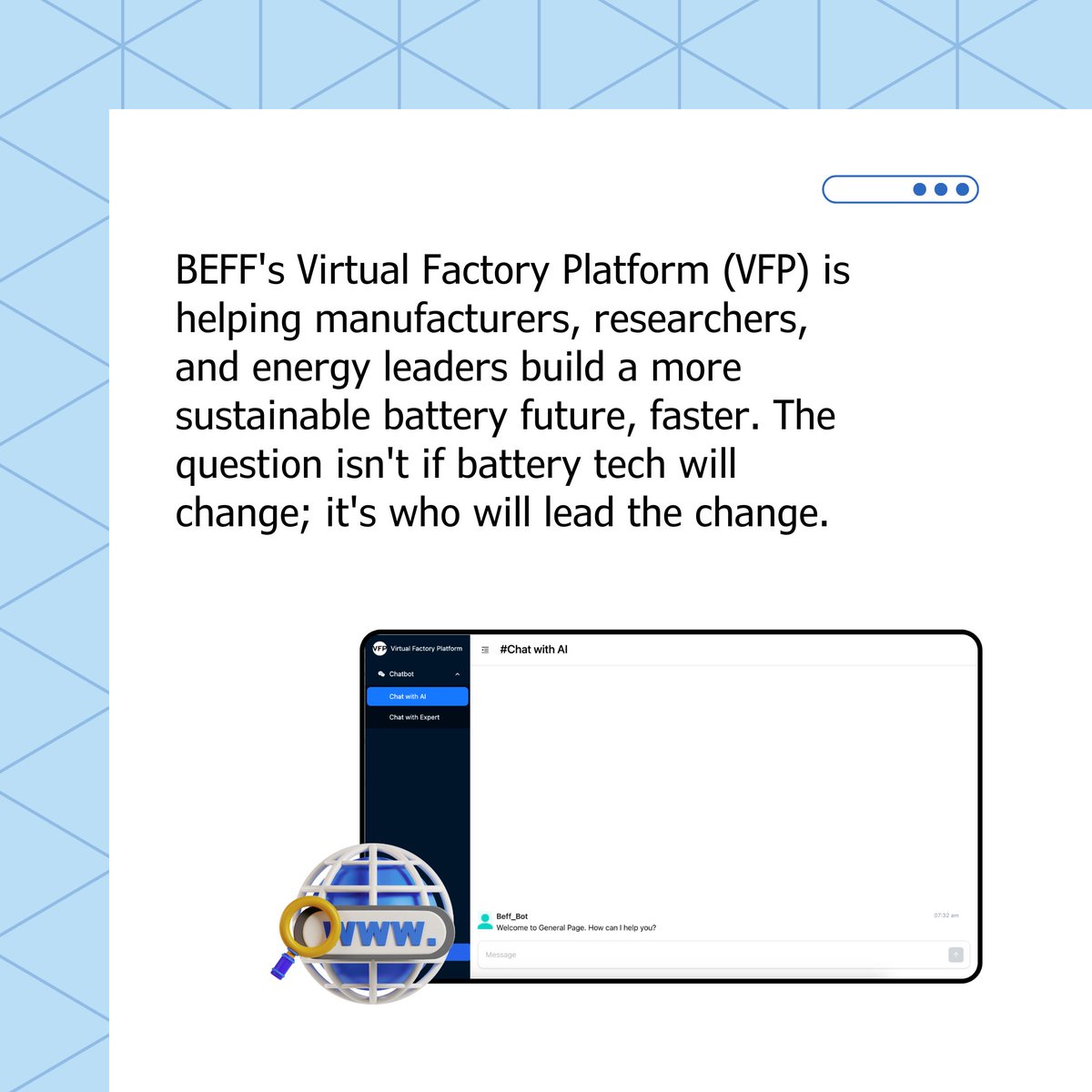 Beff_vfp's tweet image. Green EV Batteries? Yes!

Team up with our battery experts and lead in battery innovation.

 Start here: beff.medium.com/b5233a2513f5

#greenbatteries #batteryexperts #sustainablebatteries #lithiumbattery #lithiumionbattery #virtualfactory #virtualfactoryplatform