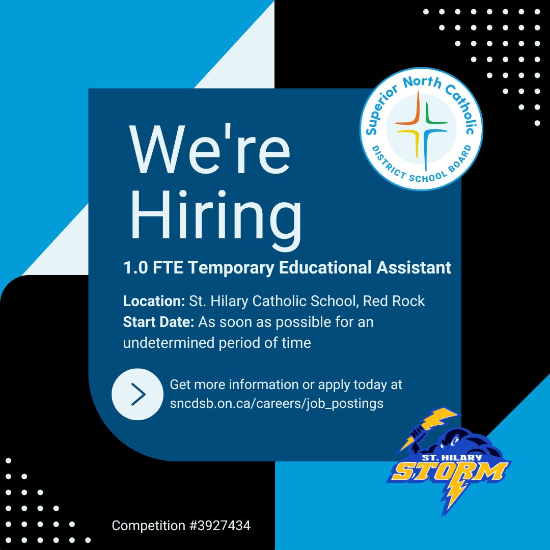 Internal/External Job Posting Competition #3927434
1.0 FTE Temporary Educational Assistant at St. Hilary Catholic School in Red Rock Applicants must submit a cover letter and resume to sncdsb.simplication.com by March 25, 2025, at 4:00 pm.