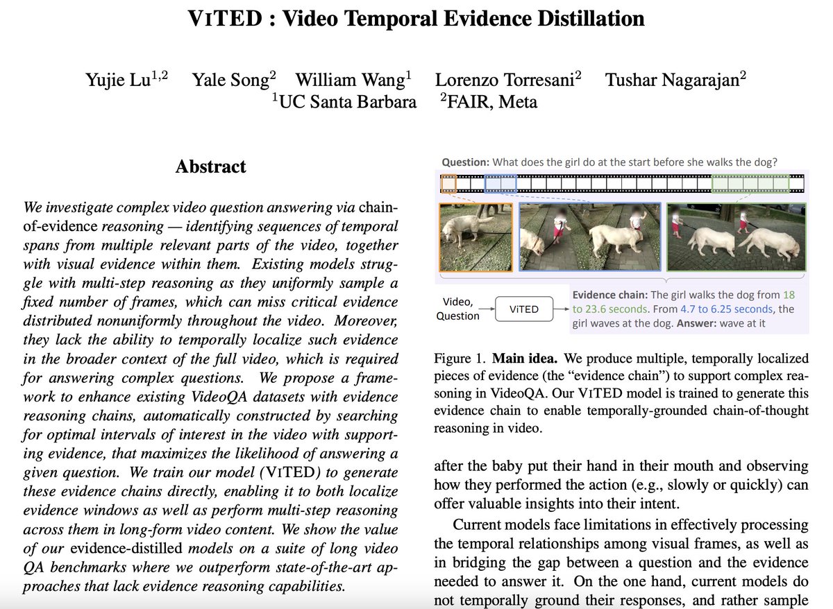 yujielu_10's tweet image. Had an amazing internship at FAIR NYC last summer, and I’m excited to share the result — our paper VITED: Video Temporal Evidence Distillation is accepted at CVPR 2025! 🎉 We tackle complex video QA using evidence reasoning chains for better temporal localization and multi-step…