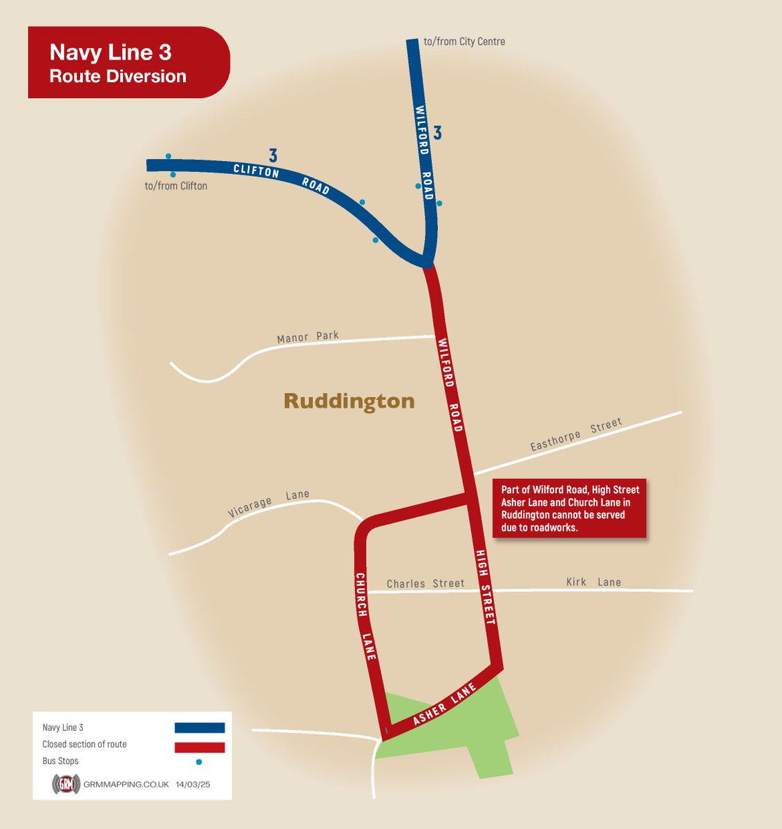 Gas works are taking place in Ruddington between Thursday 20th March and Sunday 20th April 2025.

Navy 3 will be diverted throughout, with delays on Green 10/C/X expected as traffic finds alternative routes in and out of Ruddington.

Info: nctx.co.uk/service-updates