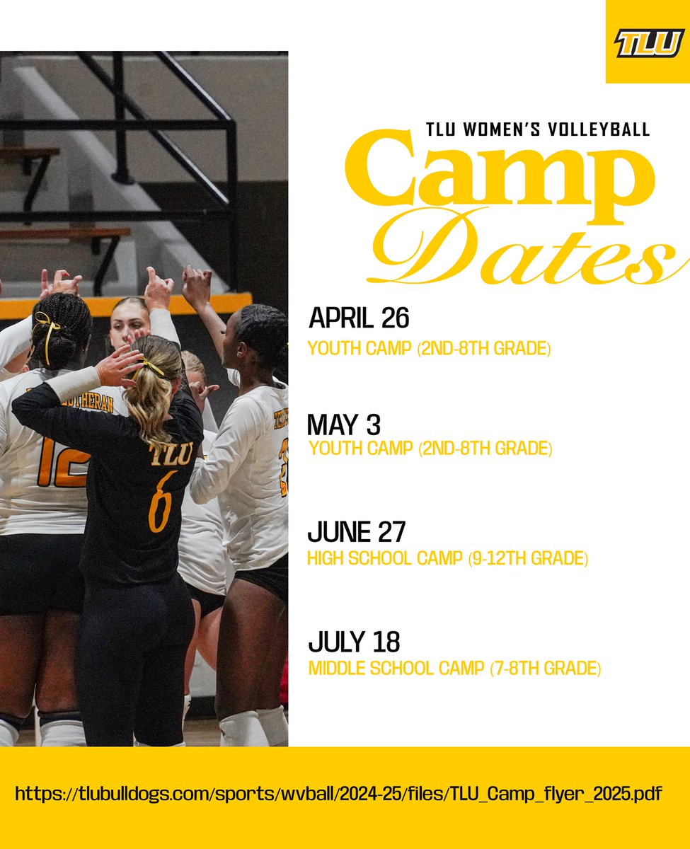 TLU_VB's tweet image. ๐๐ฎ๐ฆ๐ฆ๐๐ซ ๐๐๐ฆ๐ฉ๐ฌ โ๏ธ
Registration is now live for our summer camps! We canโt wait to see you in Seguin! ๐ถ๐ค
#TooLiveU | #PupsUp