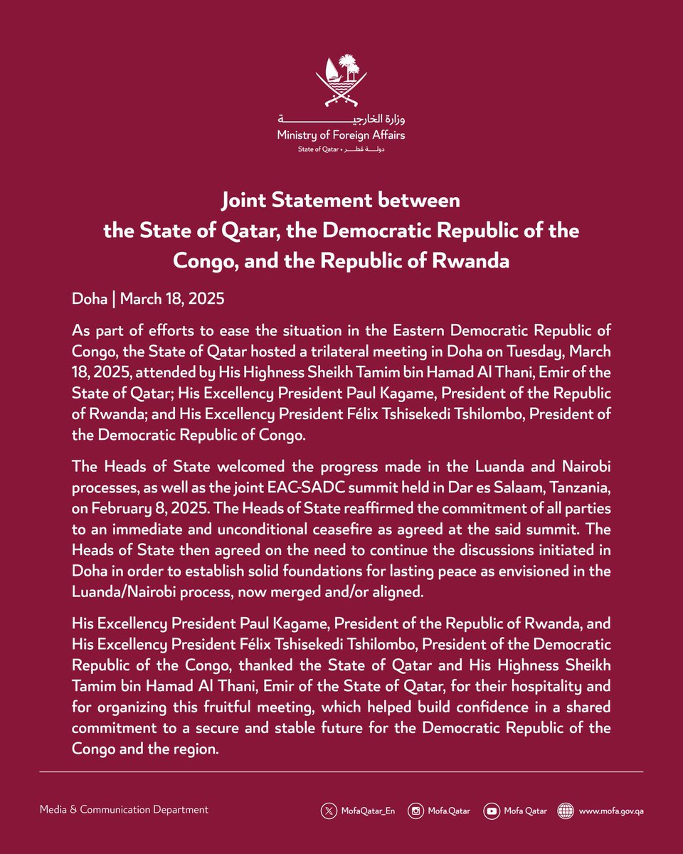 🔴#RDC #Rwanda Tête à tête surprise entre Félix #Tshisekedi et Paul #Kagame au #Qatar ce mardi.