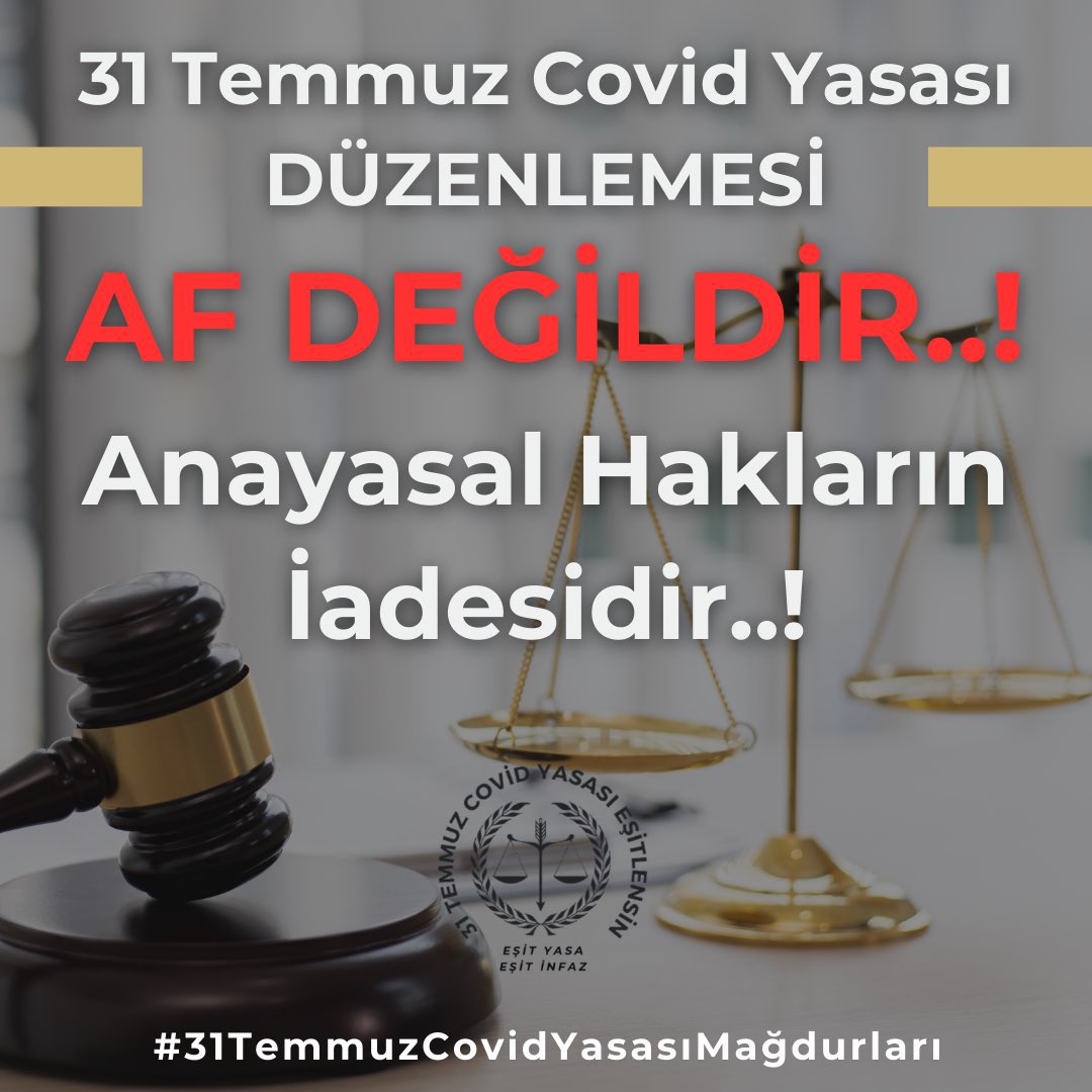 📌31 TEMMUZ COVİD İNFAZ YASASI 

📌Anayasa 2. 10. 38. Ve 90. Maddelerine açıkça AYKIRIDIR

📌Eşitlik ilkesine ve infaz hukukuna uygun olarak DÜZELTİLMELİDİR

📌Yasalar önünde herkes eşit haklara sahip OLMALIDIR
<a href="/YildizFeti/">Feti Yıldız</a>

#31TemmuzCovidYasasıMağdurları