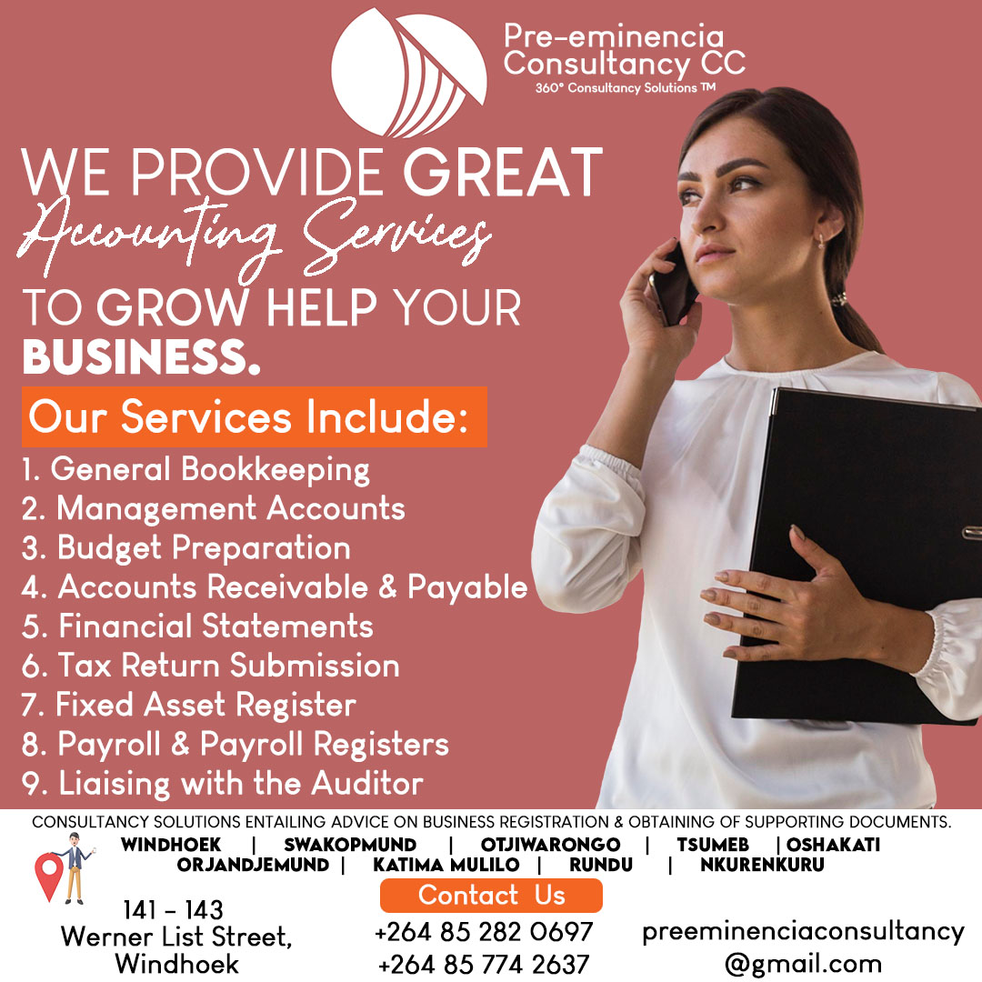 Pre_eminencia's tweet image. Looking for a trusted accounting partner in Namibia? Pre-eminencia Consultancy offers comprehensive accounting services to streamline your operations and ensure financial accuracy. Let us help your business succeed!
•
•
•
•
#360Solutions #Accountingservices #BusinessNamibia