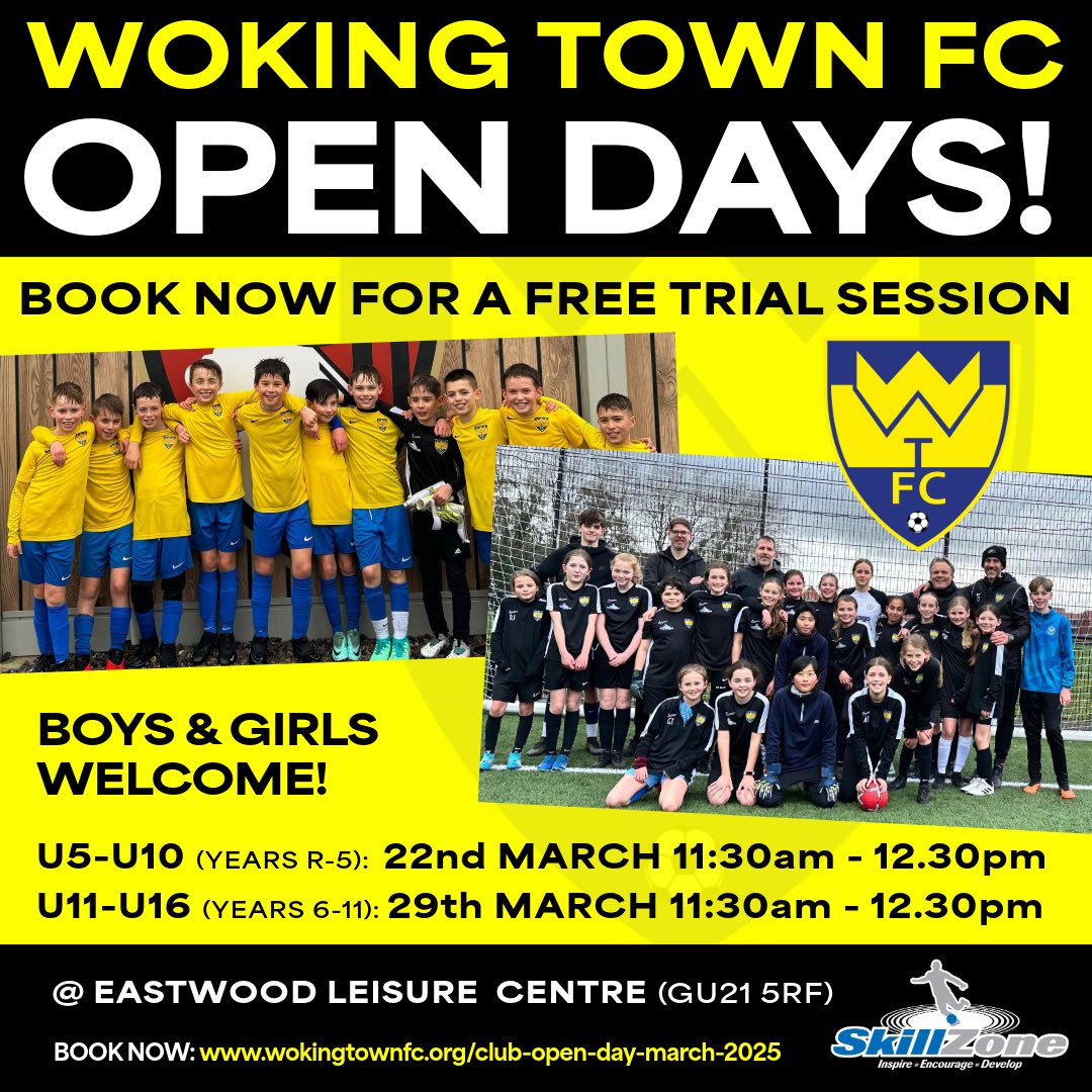 🟡 ⚫ CLUB OPEN DAYS! ⚫ 🟡

We are holding 2 open days in March at Eastwood Leisure Centre for boys and girls.

🗓️22nd March - U5-U10 
⏰11:30am-12:30pm

🗓️29th March - U11-U16 
⏰11:30am-12:30pm

wokingtownfc.org/club-open-day-…

#woking #kidsfootball #football