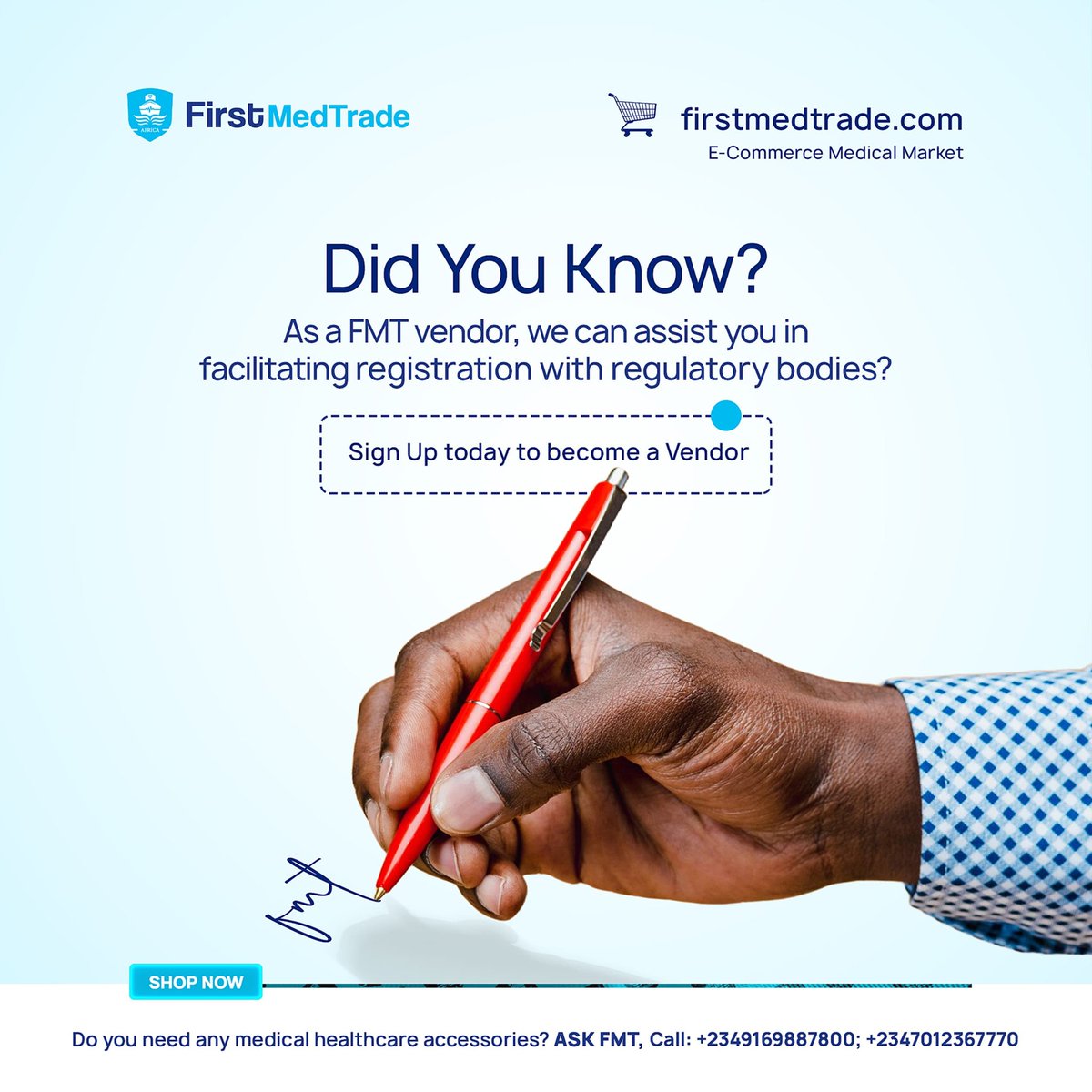 eCommercemedmkt's tweet photo. Do you know that firstmedtrade can assist in facilitating registration with the regulatory bodies?
Sign up today to become a vendor today.
#vendor #firstmedtrade #HealthcareForAll #askfmt https://t.co/DfsEam2Tqs