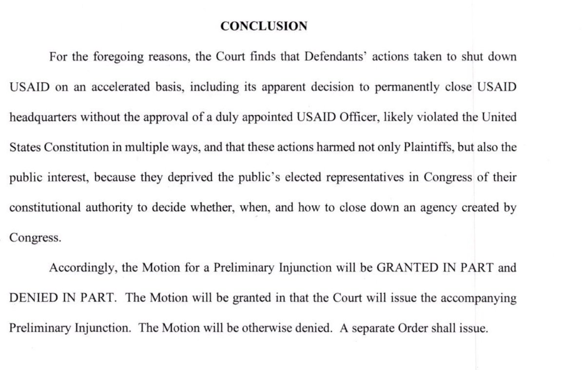 NEWS

A federal judge finds that Elon Musk and DOGE’s actions to shut down USAID likely violated the Constitution “in multiple ways,” including the Appointments Clause.

The judge partially grants an injunction.

Ruling storage.courtlistener.com/recap/gov.usco…