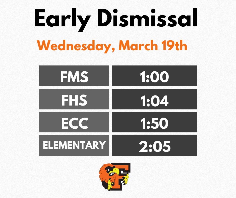 Reminder: Tomorrow, Wednesday, March 19th is an Early Dismissal!