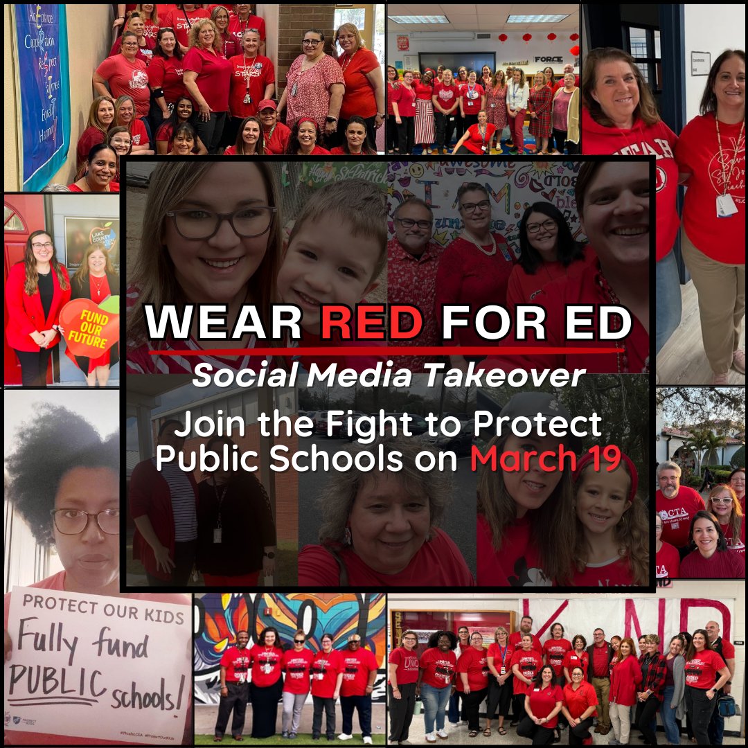 FloridaEA's tweet image. Tomorrow, educators, students, parents, and allies nationwide are coming together to stand up for public education. Show your support by wearing RED and spreading the message! 🔴✨

Let’s fill our schools and social media with a sea of RED! ❤️ #RedForEd #ProtectOurKids
