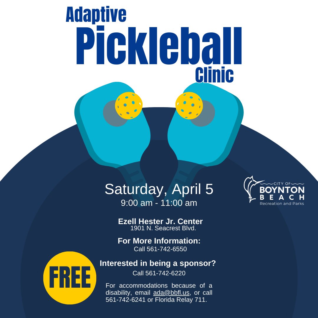 Free Adaptive Pickleball Clinic! 

Join us Saturday, April 5, 9-11 AM at Ezell Hester Jr. Community Center (1901 N. Seacrest Blvd.) for a fun, inclusive pickleball experience! Open to all ages &amp; abilities—no registration needed. Just show up &amp; play! 

See you on the courts!