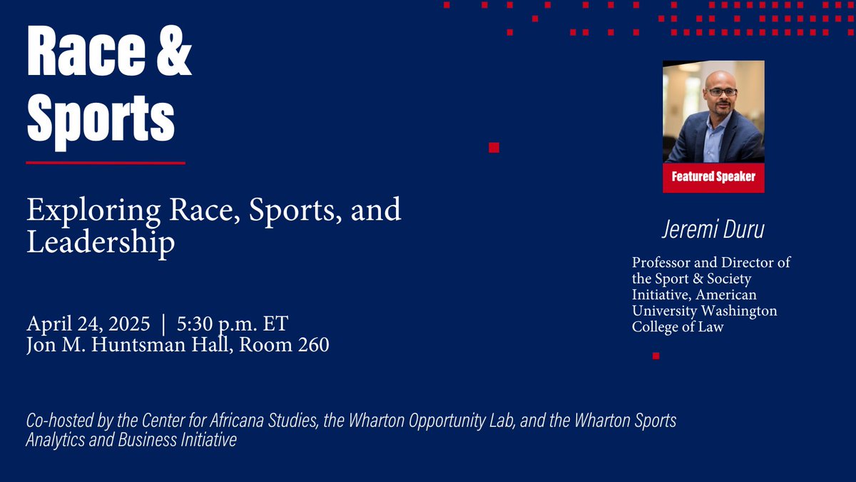 WhartonSABI's tweet image. Join us on 4/24 for the annual Race &amp;amp; Sports event at @Wharton, featuring Prof. @njeremiduru in conversation w/ Prof. Kenneth Shropshire.

The discussion will cover insights from Duru’s book Advancing the Ball, examining the Rooney Rule’s impact &amp;amp; future.

whr.tn/41Ei2wH