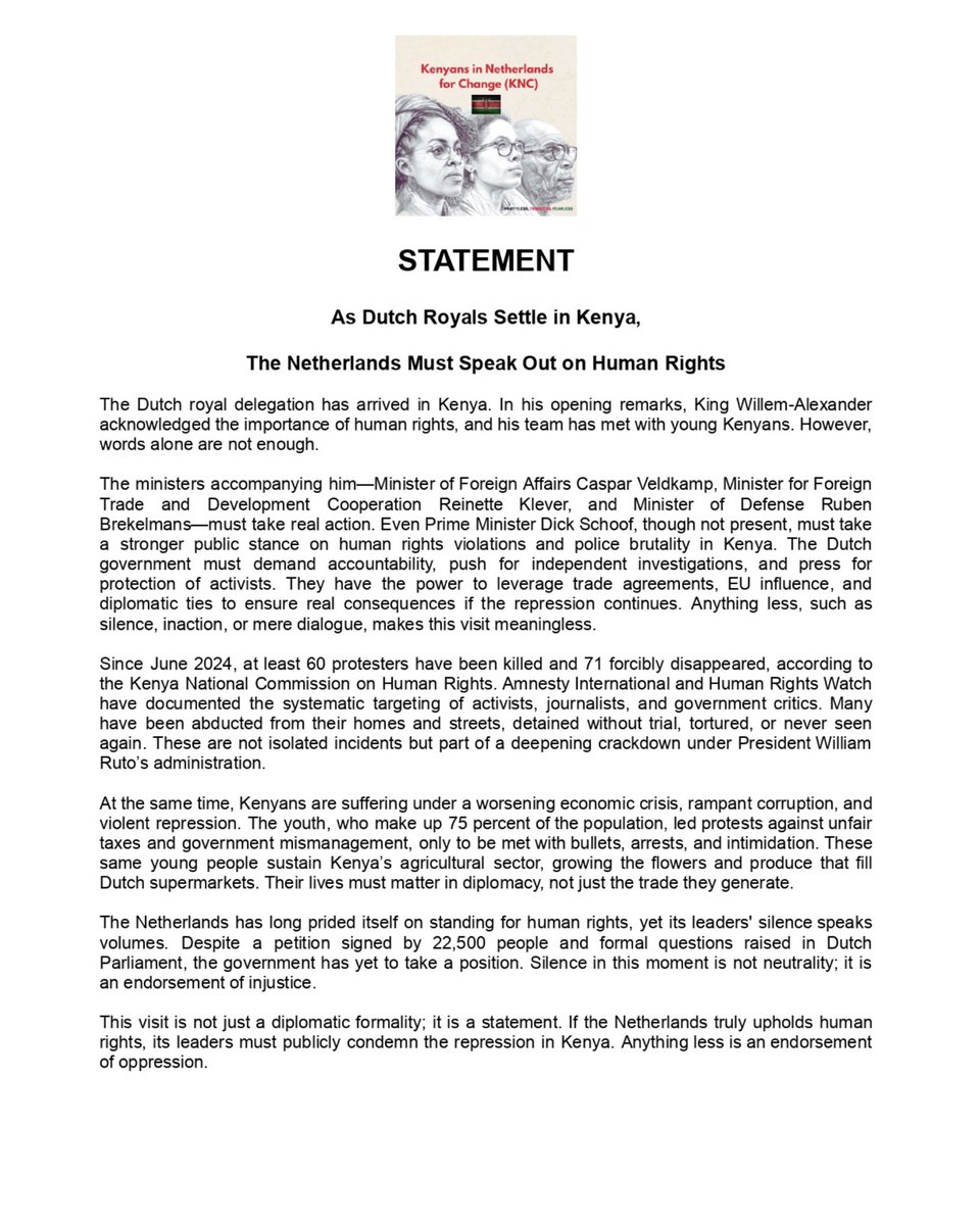 LindaKatiba's tweet image. The Netherlands Must Speak Out on Human Rights @minPres @ministerbz @ministerBHO @DutchMFA

Since June 2024 at least 60 protestors have been killed 
@kenyaNLdiaspora @njeri_bm @JoeyTouwslager 

#NoRoyalSilence #StandUpForJustice #HumanRightsFirst #EndPoliceBrutalityKE