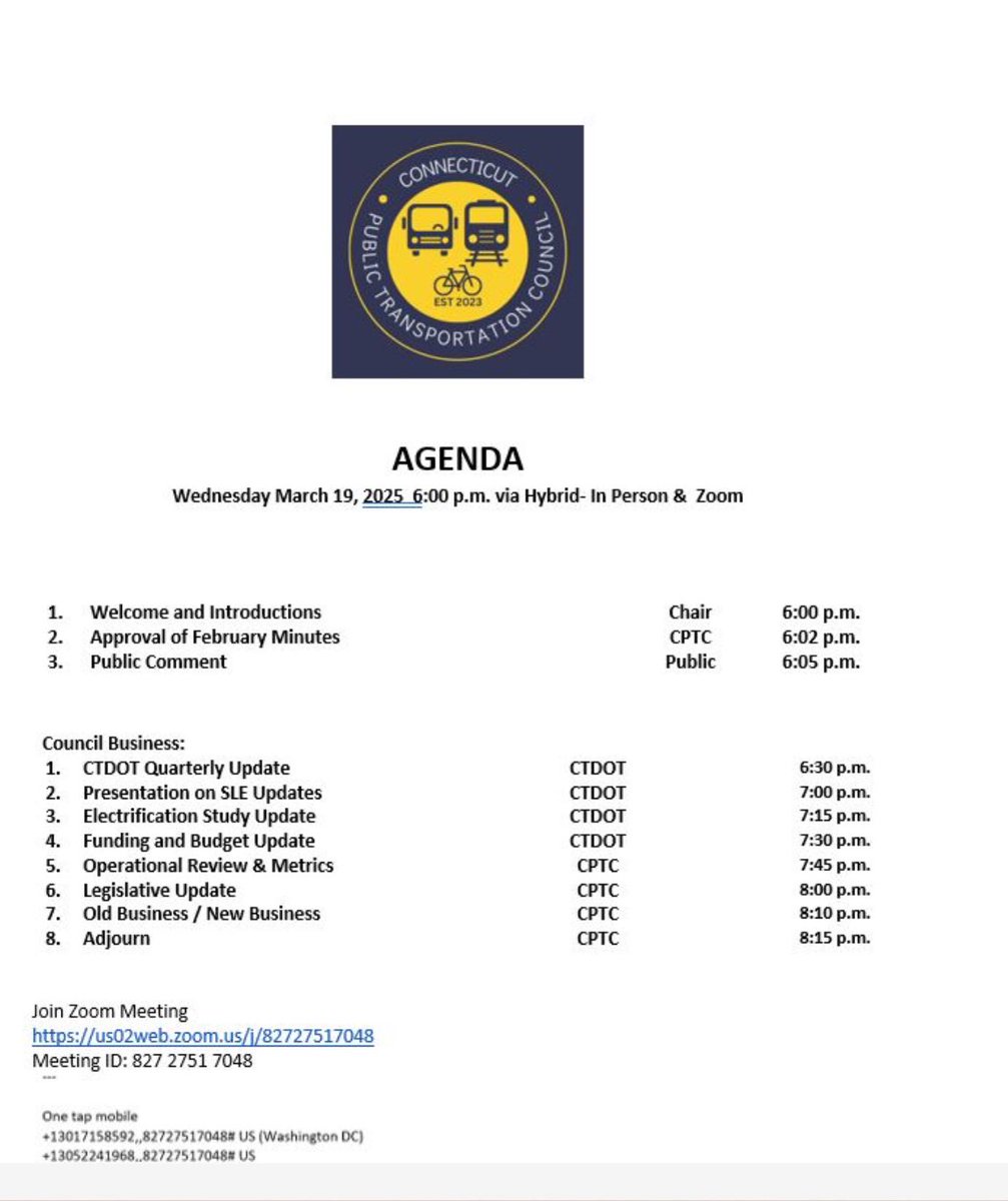Agenda for the CT Public Transportation Council meeting in New London City Hall Council Chambers at 6:00.

Shore Line East updates, CDOT quarterly update, Legislative update and more.