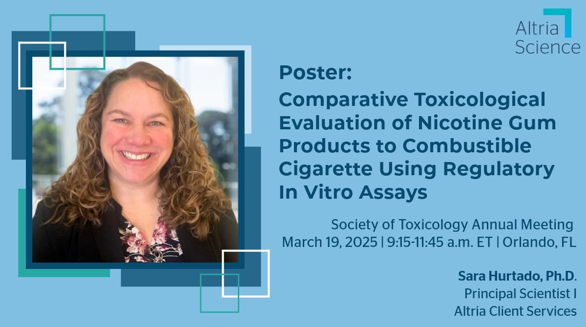 Altria Science (@altriascience) on Twitter photo Tomorrow, Sara will present her poster at the <a href="/SOToxicology/">Society of Toxicology</a> Annual Meeting. Visit during the morning poster session to engage with Sara's Nicotine Gum #Research.
Can't attend? Check out her poster at ow.ly/BpG250VjlJ2 #2025SOT Tomorrow, Sara will present her poster at the <a href="/SOToxicology/">Society of Toxicology</a> Annual Meeting. Visit during the morning poster session to engage with Sara's Nicotine Gum #Research.
Can't attend? Check out her poster at ow.ly/BpG250VjlJ2 #2025SOT