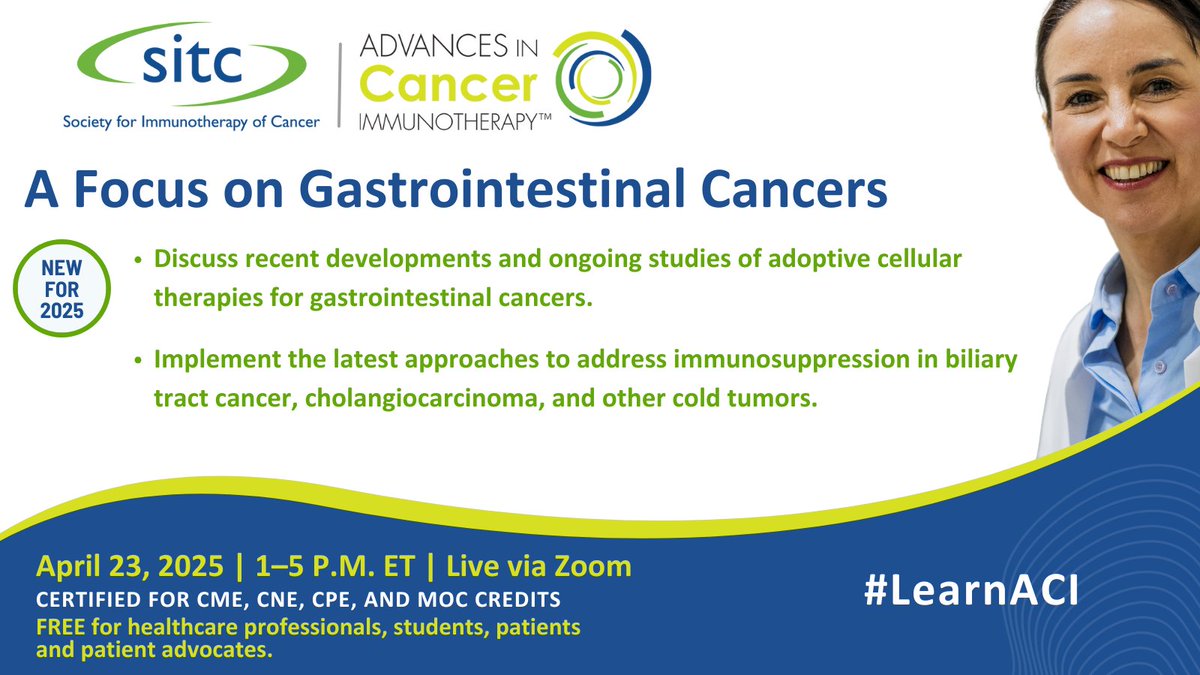 Society for Immunotherapy of Cancer (@sitcancer) on Twitter photo Join us April 23, for a live virtual expert-led cancer IO program, ACI: A Focus on Gastrointestinal Cancers. Discuss ongoing studies of adoptive cellular therapies for gastrointestinal cancer.
Register now: ow.ly/UKB250VjSPB
<a href="/GABOUALFA/">Ghassan Abou-Alfa</a> <a href="/LesinskiLab/">Gregory Lesinski</a>
#LearnACI Join us April 23, for a live virtual expert-led cancer IO program, ACI: A Focus on Gastrointestinal Cancers. Discuss ongoing studies of adoptive cellular therapies for gastrointestinal cancer.
Register now: ow.ly/UKB250VjSPB
<a href="/GABOUALFA/">Ghassan Abou-Alfa</a> <a href="/LesinskiLab/">Gregory Lesinski</a>
#LearnACI