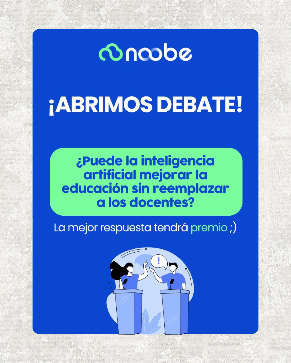 📢  ¡Abrimos debate en Noobe! 🤖📚  

¿La inteligencia artificial puede mejorar la educación sin reemplazar a los docentes? 💡👩‍🏫  
Comparte tu opinión y participa, ¡la mejor respuesta tendrá premio! 🎁✨