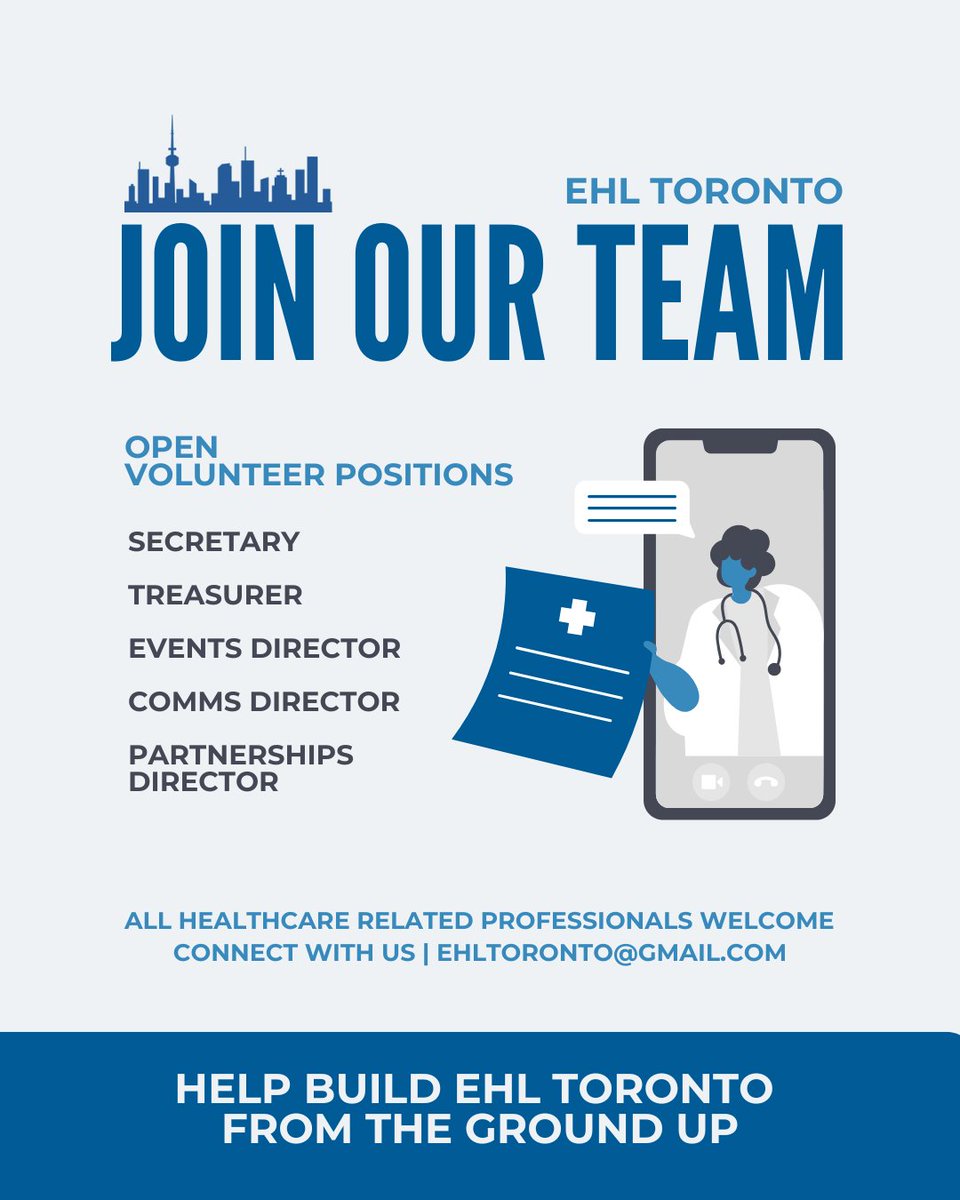 TorontoEhl's tweet photo. EHL Toronto is relaunching! 🎉
We're seeking volunteer leaders to shape the future of health leadership. Open roles: Secretary, Treasurer, Events, Comms &amp; Partnerships Directors
🔗 Apply here: https://t.co/7Zo324gJN1
📩 DM us for details! #HealthLeadership #Volunteer #networking https://t.co/9VktRGqwEx