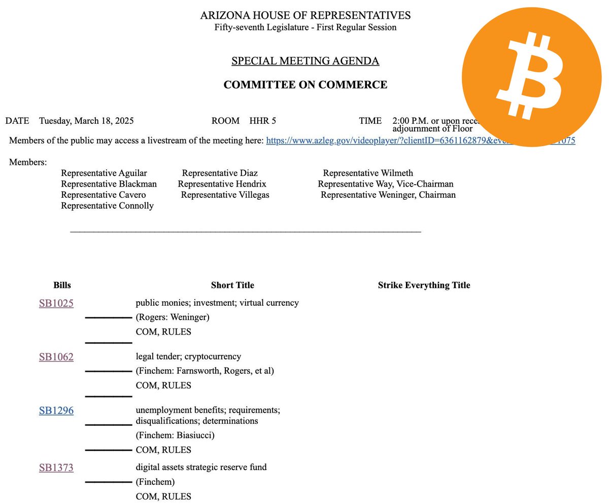 NEW: 🇺🇲 ARIZONA House Committee on Commerce is meeting to consider three Bitcoin bills today:

- SB1025: SBR
- SB1062: Legal Tender
- SB1373: SBR 🤞
