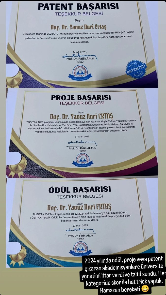 2024 yılı içerisinde patent, proje veya ödül çıkaran akademisyenlere Erciyes Üniversitesi rektörlüğü iftar verip tebrik sundu. Her üç kategoride de skor tabelasına etki edip hat-trick yaptık çok şükür. Ramazan bereketi🙂🧿